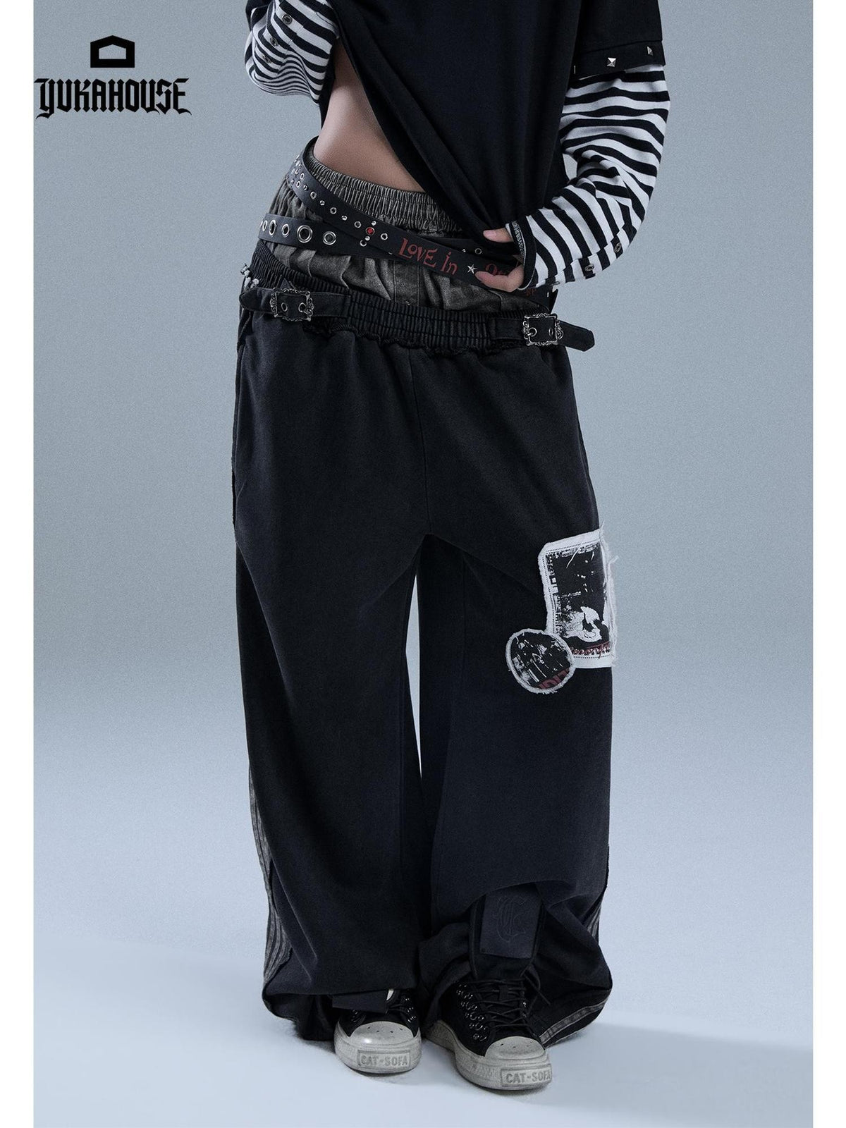 YUKAHOUSE Raw Edge Patchwork Striped Faux Two Piece Women's Cotton Chinos
