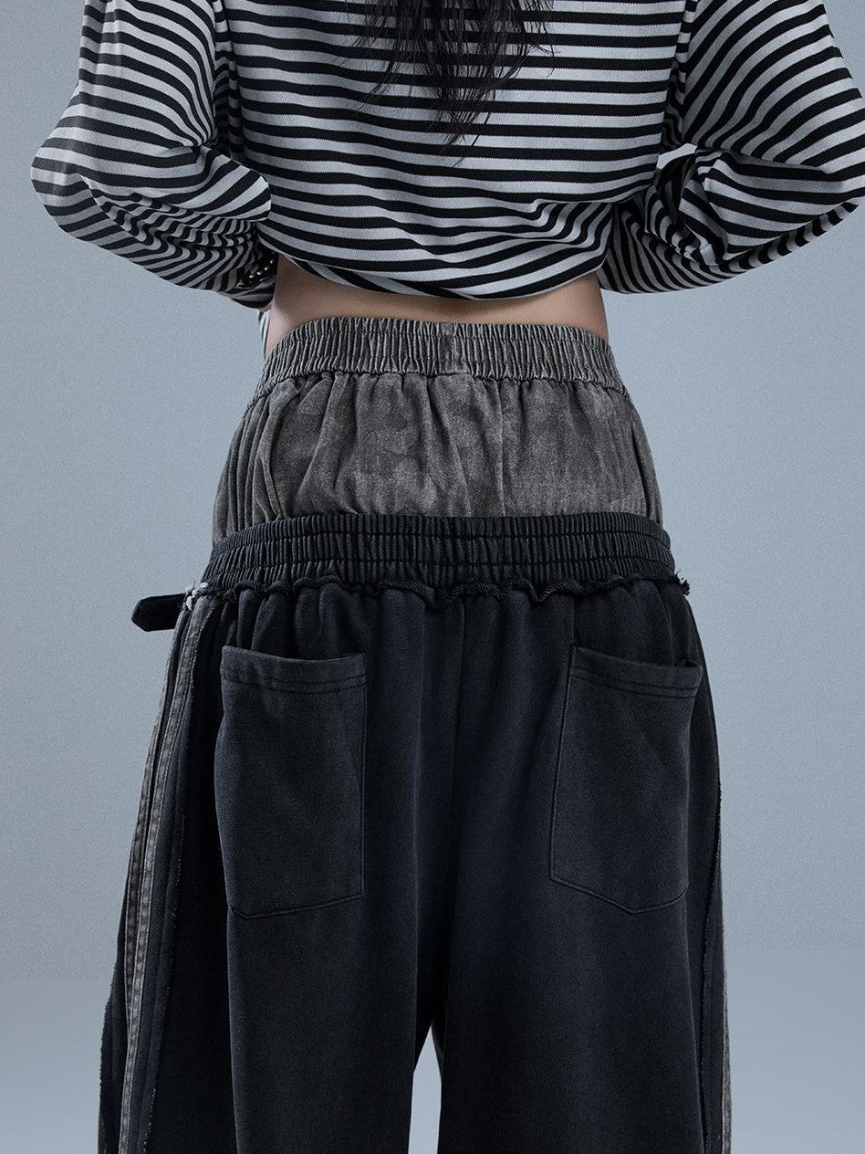 YUKAHOUSE Raw Edge Patchwork Striped Faux Two Piece Women's Cotton Chinos