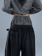 YUKAHOUSE Raw Edge Patchwork Striped Faux Two Piece Women's Cotton Chinos