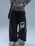 YUKAHOUSE Raw Edge Patchwork Striped Faux Two Piece Women's Cotton Chinos