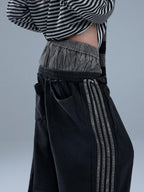 YUKAHOUSE Raw Edge Patchwork Striped Faux Two Piece Women's Cotton Chinos