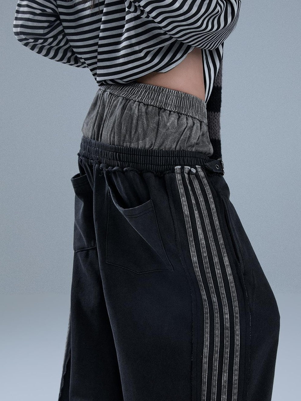 YUKAHOUSE Raw Edge Patchwork Striped Faux Two Piece Women's Cotton Chinos