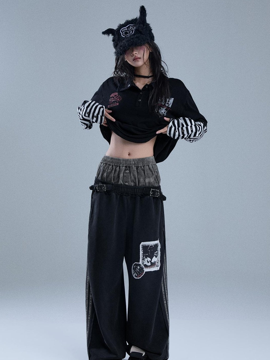 YUKAHOUSE Raw Edge Patchwork Striped Faux Two Piece Women's Cotton Chinos