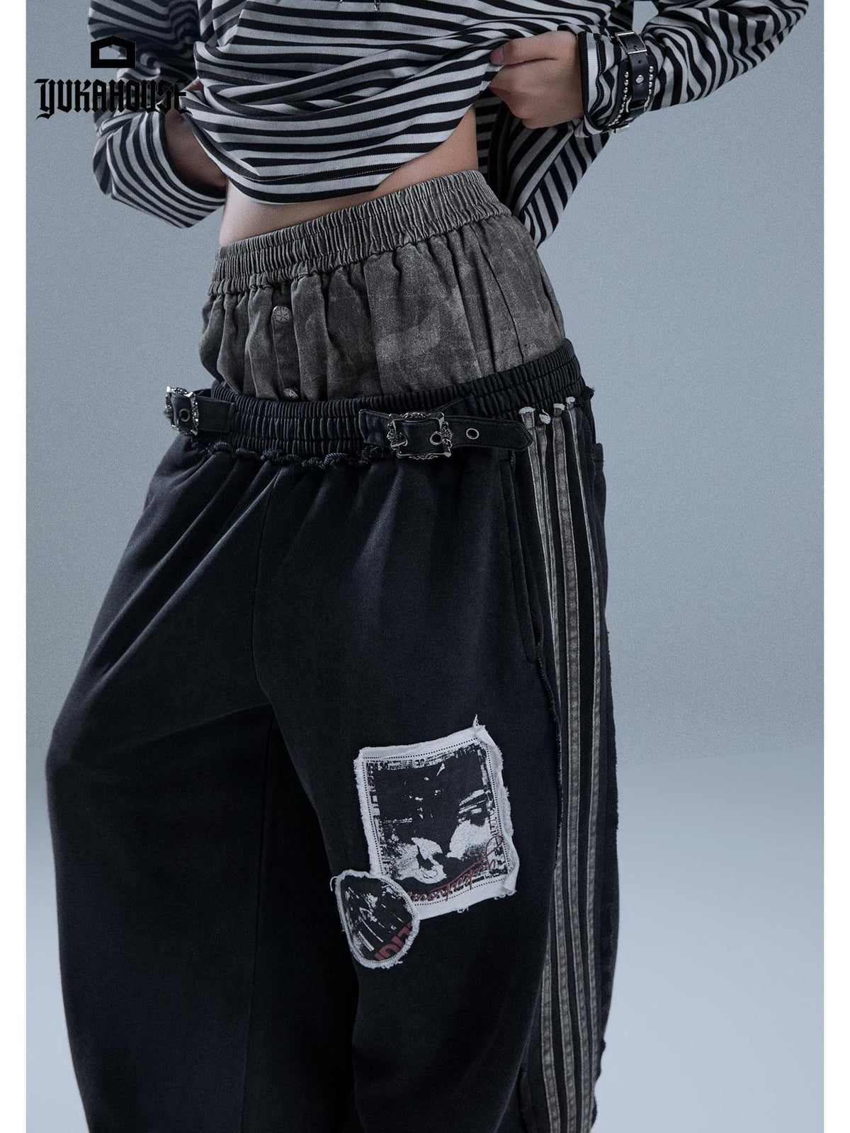 YUKAHOUSE Raw Edge Patchwork Striped Faux Two Piece Women's Cotton Chinos