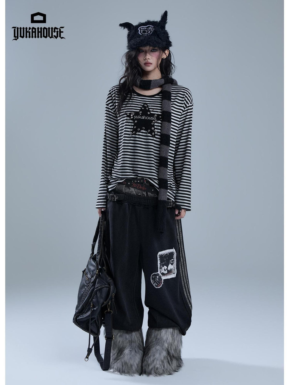 YUKAHOUSE Raw Edge Patchwork Striped Faux Two Piece Women's Cotton Chinos