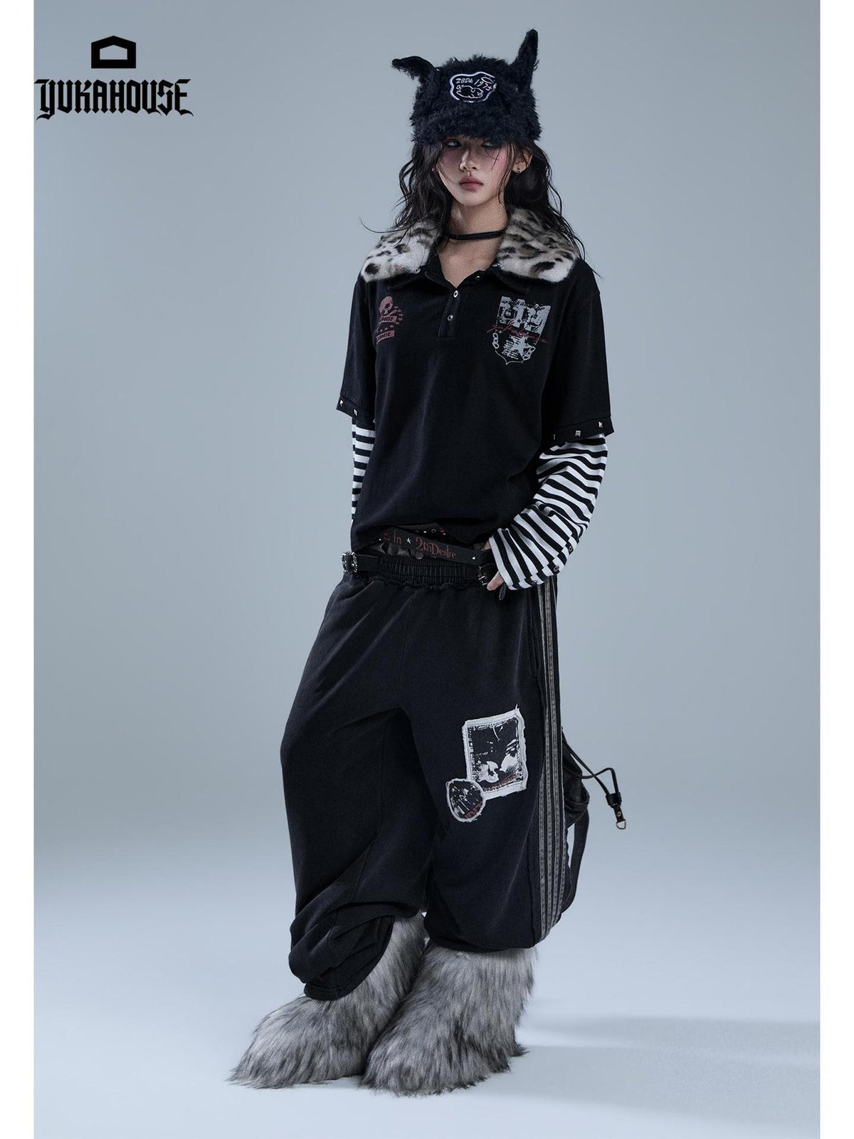 YUKAHOUSE Raw Edge Patchwork Striped Faux Two Piece Women's Cotton Chinos