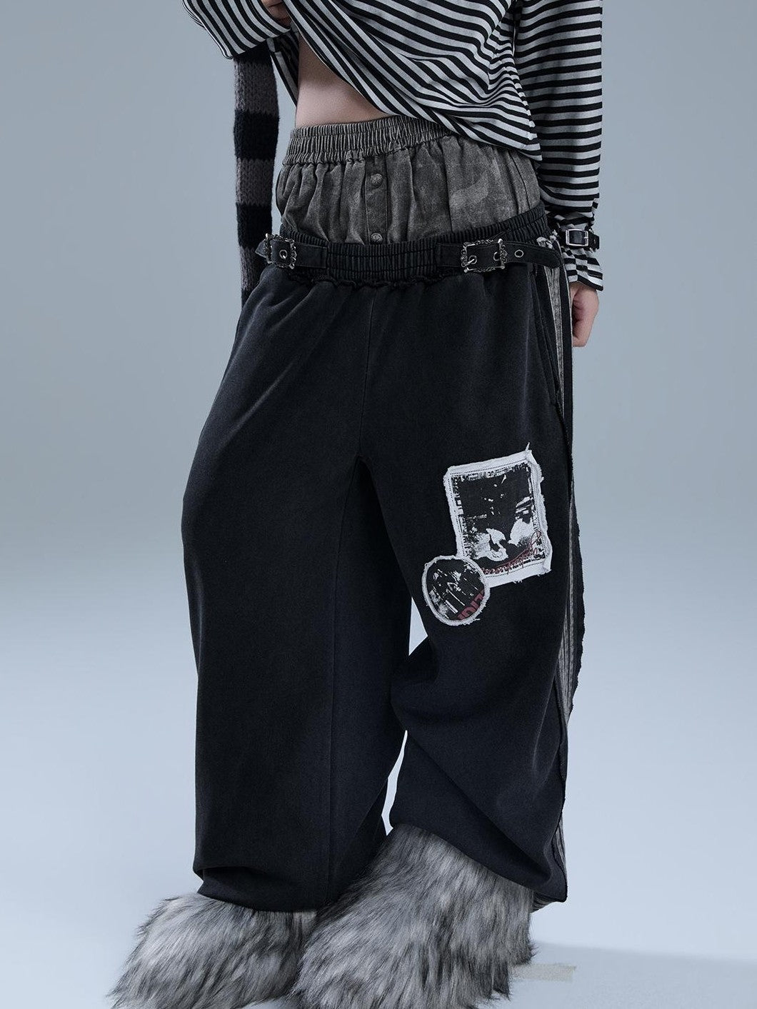 YUKAHOUSE Raw Edge Patchwork Striped Faux Two Piece Women's Cotton Chinos