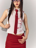 YUKAHOUSE Red Preppy Jk Style No Tie Lazy Shirt Women's Cotton Crop Tops
