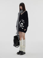 YUKAHOUSE Skull Print V-neck Long Sleeve Women's Faux Mohair Mid Length Sweaters