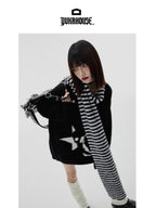 YUKAHOUSE Skull Print V-neck Long Sleeve Women's Faux Mohair Mid Length Sweaters