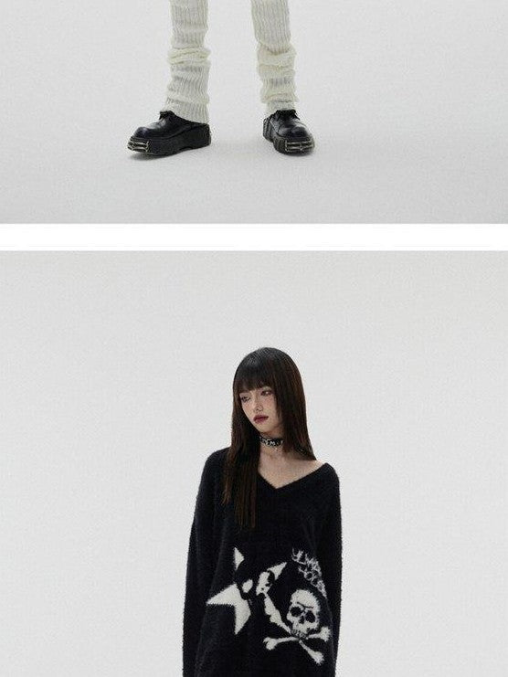 YUKAHOUSE Skull Print V-neck Long Sleeve Women's Faux Mohair Mid Length Sweaters