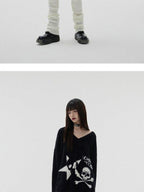 YUKAHOUSE Skull Print V-neck Long Sleeve Women's Faux Mohair Mid Length Sweaters
