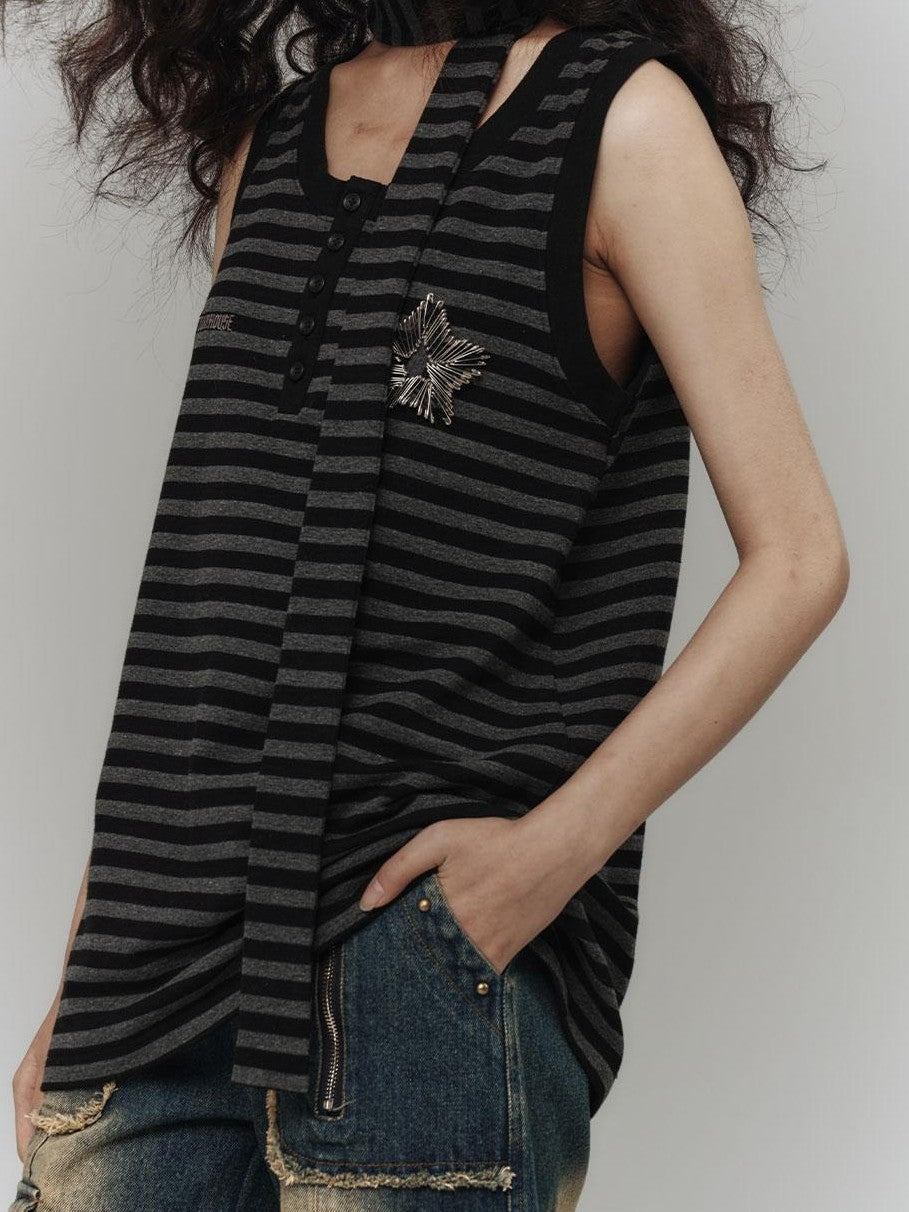 YUKAHOUSE Star Striped Hollow Metal Loose Fit Women's Long Sleeve T-shirts