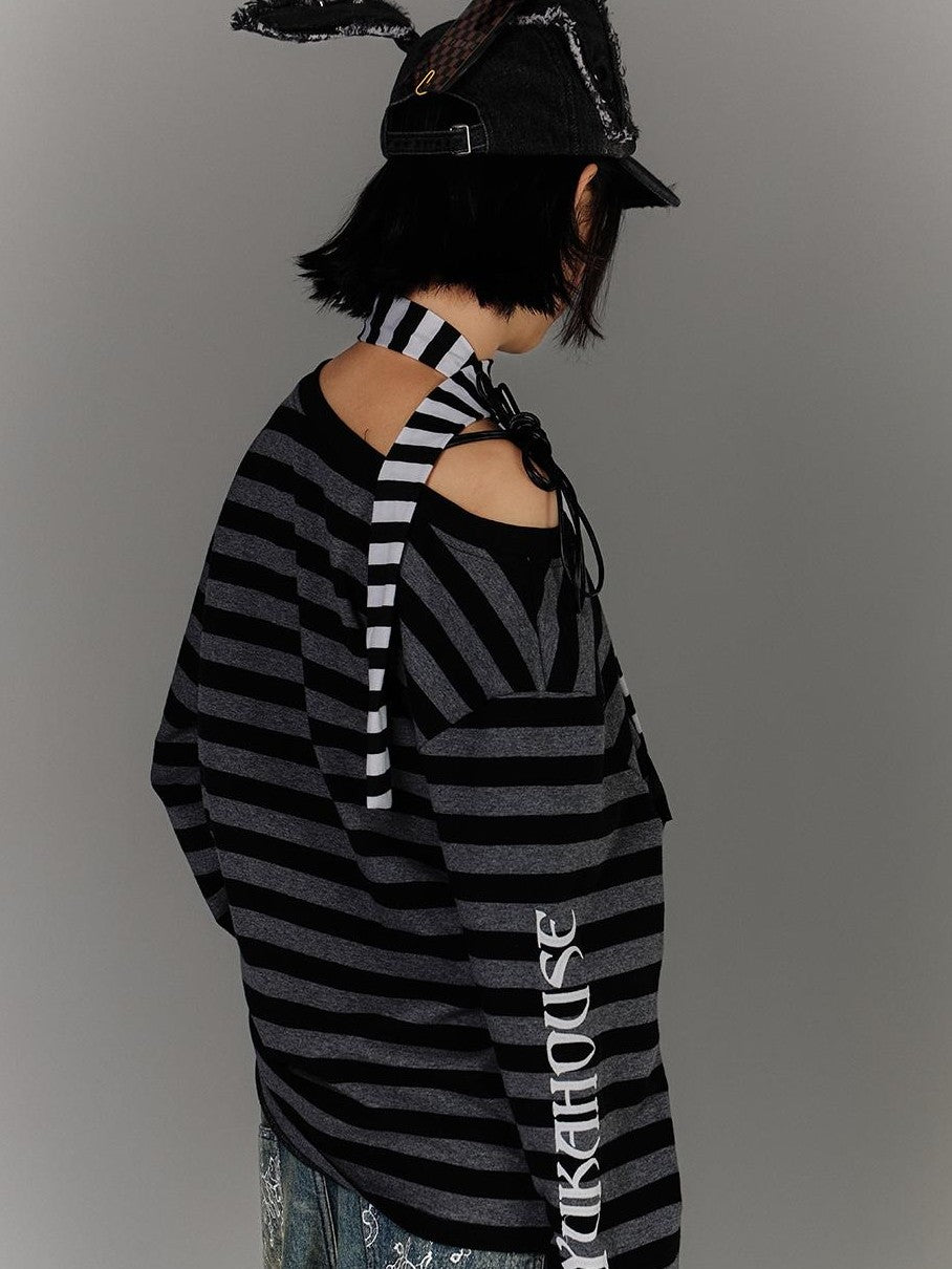 YUKAHOUSE Striped Cold Shoulder Drawstring Cotton Women's Long Sleeve T-shirts