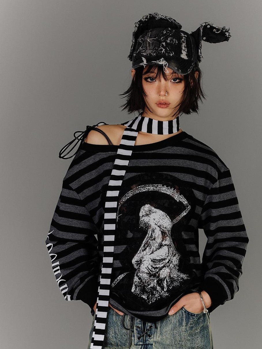 YUKAHOUSE Striped Cold Shoulder Drawstring Cotton Women's Long Sleeve T-shirts