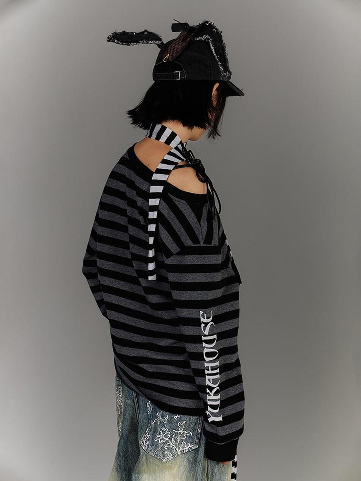 YUKAHOUSE Striped Cold Shoulder Drawstring Cotton Women's Long Sleeve T-shirts