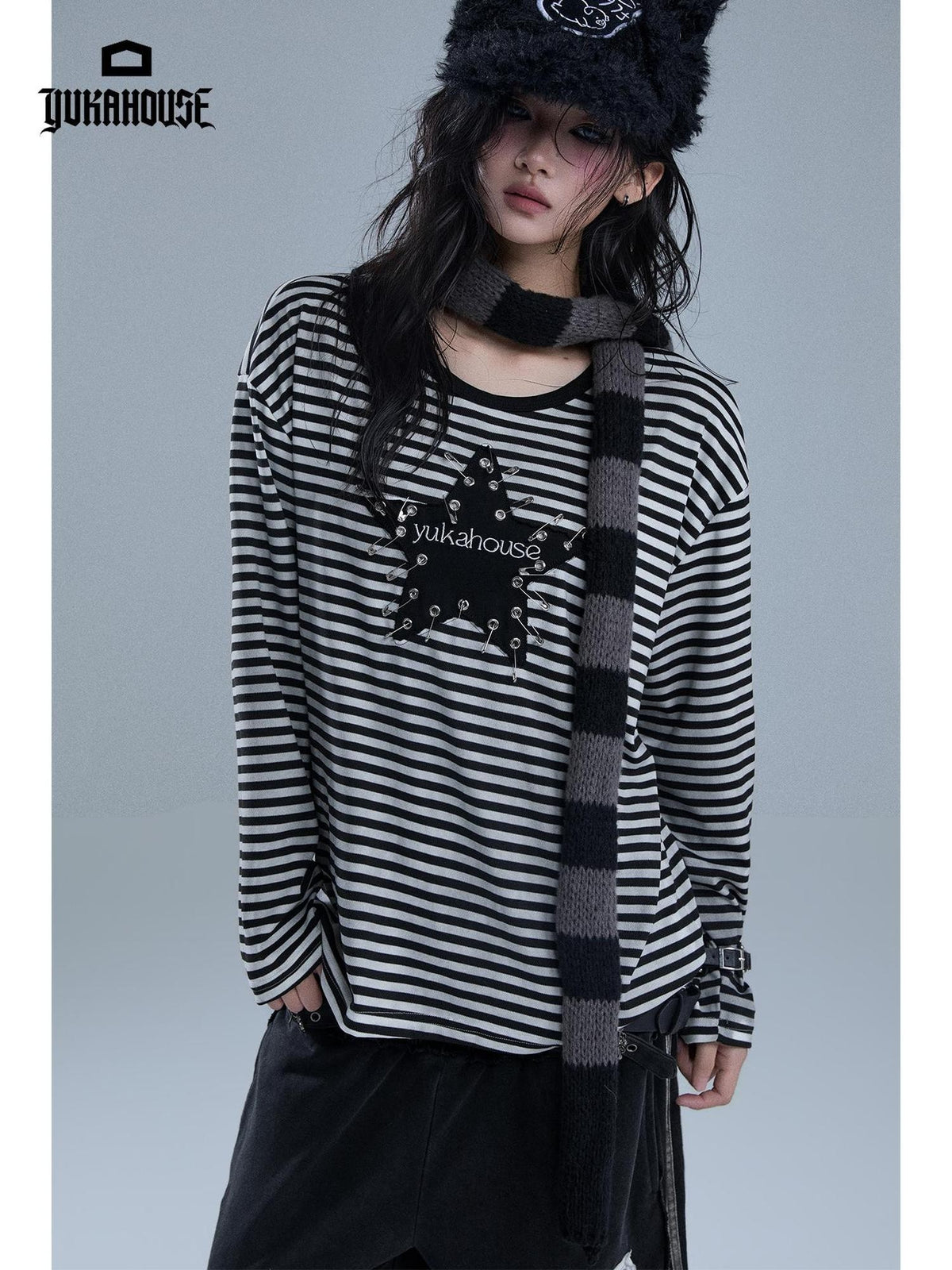 YUKAHOUSE Striped Embroidered Loose Fit Women's Cotton Blend Long Sleeve T-shirts