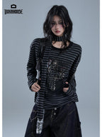YUKAHOUSE Striped Print Metal Detail Women's Cotton Long Sleeve T-shirts
