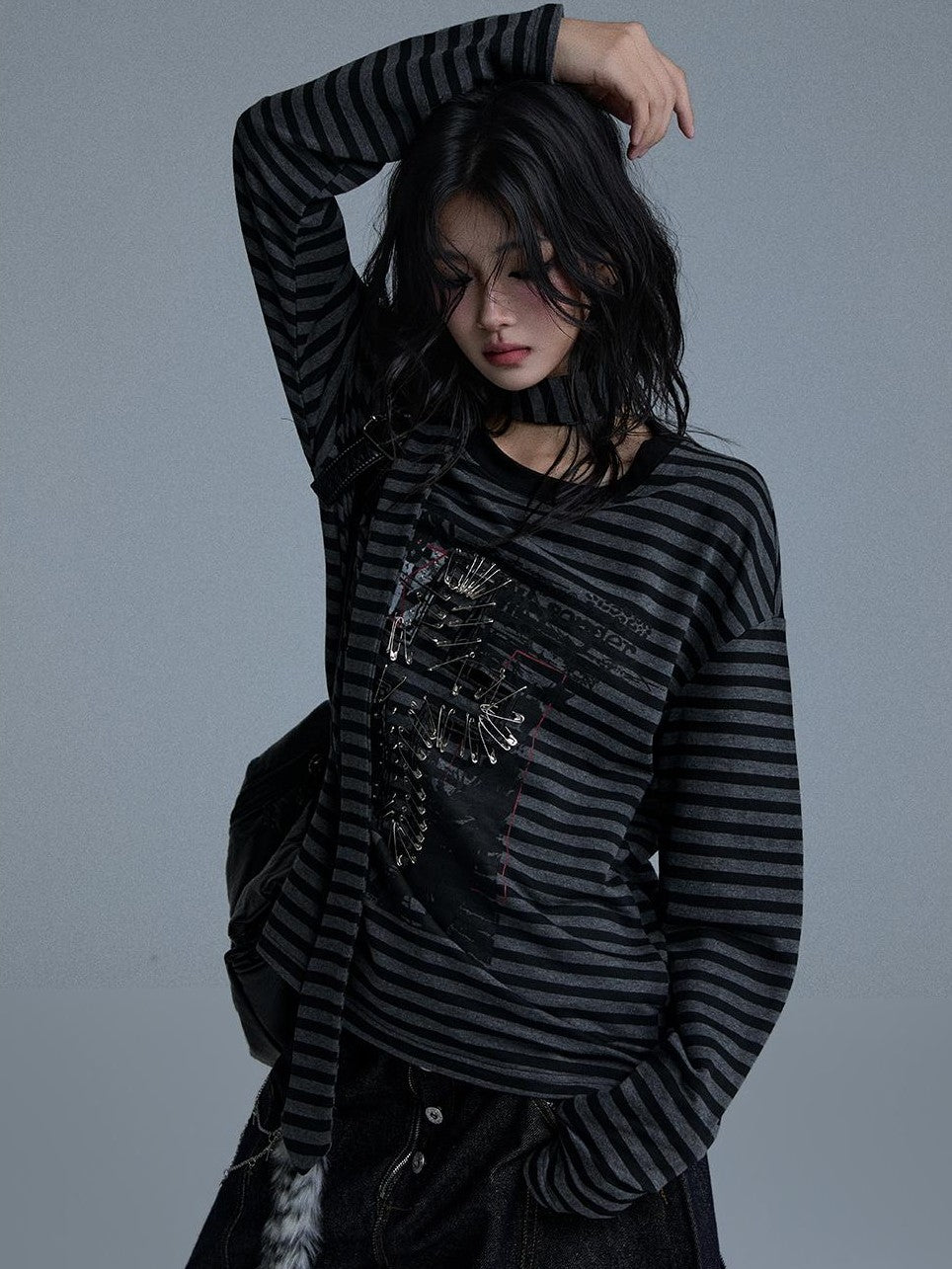 YUKAHOUSE Striped Print Metal Detail Women's Cotton Long Sleeve T-shirts