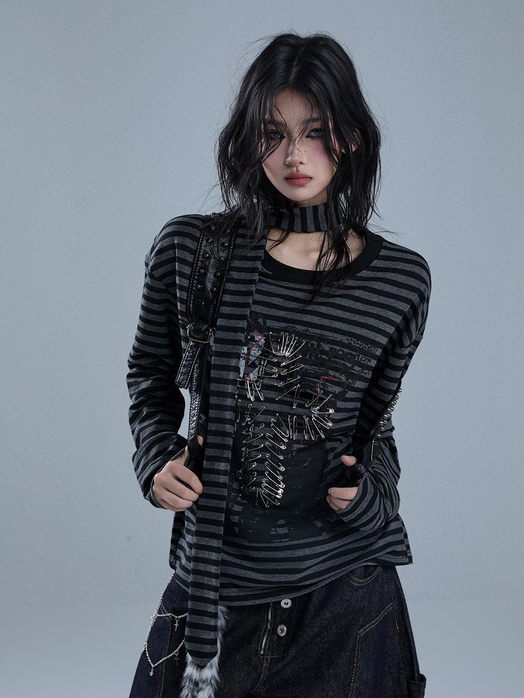 YUKAHOUSE Striped Print Metal Detail Women's Cotton Long Sleeve T-shirts