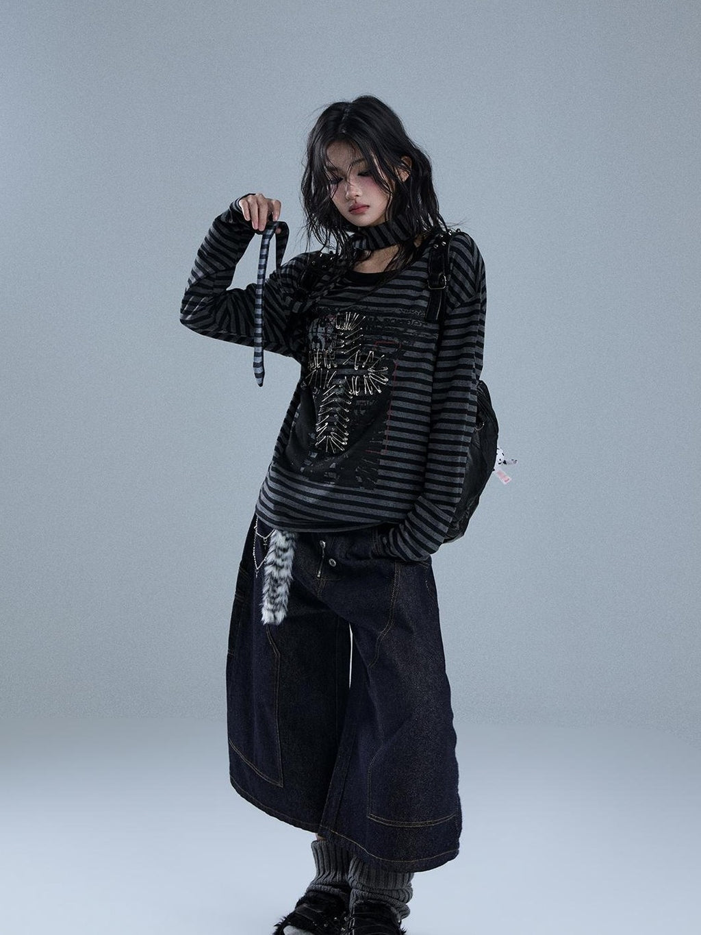 YUKAHOUSE Striped Print Metal Detail Women's Cotton Long Sleeve T-shirts