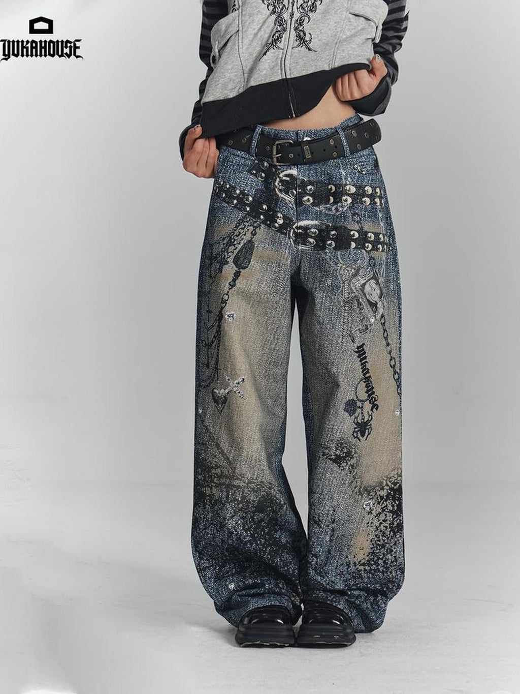 YUKAHOUSE Vintage Digital Print Chain High Waist Women's Cotton Wide-leg Jeans