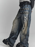 YUKAHOUSE Vintage Digital Print Chain High Waist Women's Cotton Wide-leg Jeans