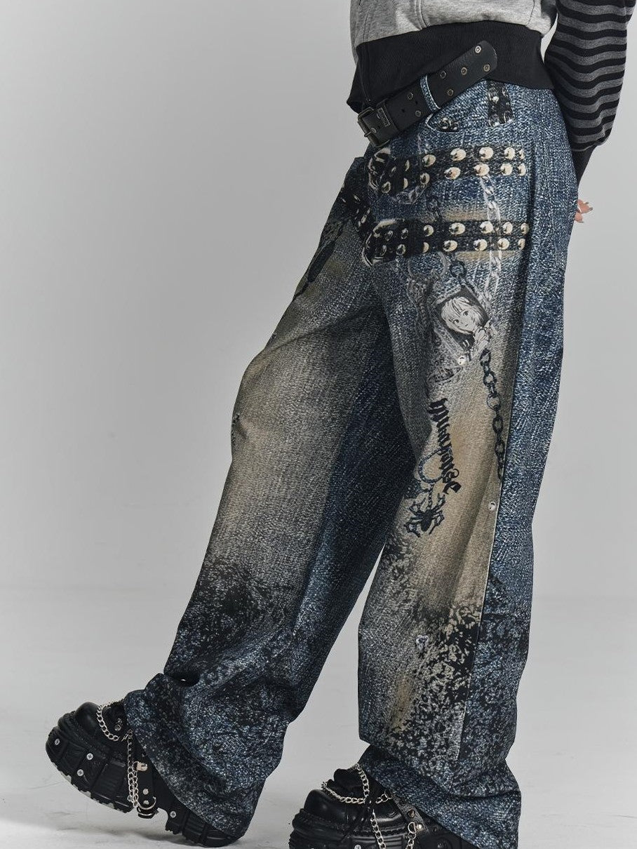 YUKAHOUSE Vintage Digital Print Chain High Waist Women's Cotton Wide-leg Jeans