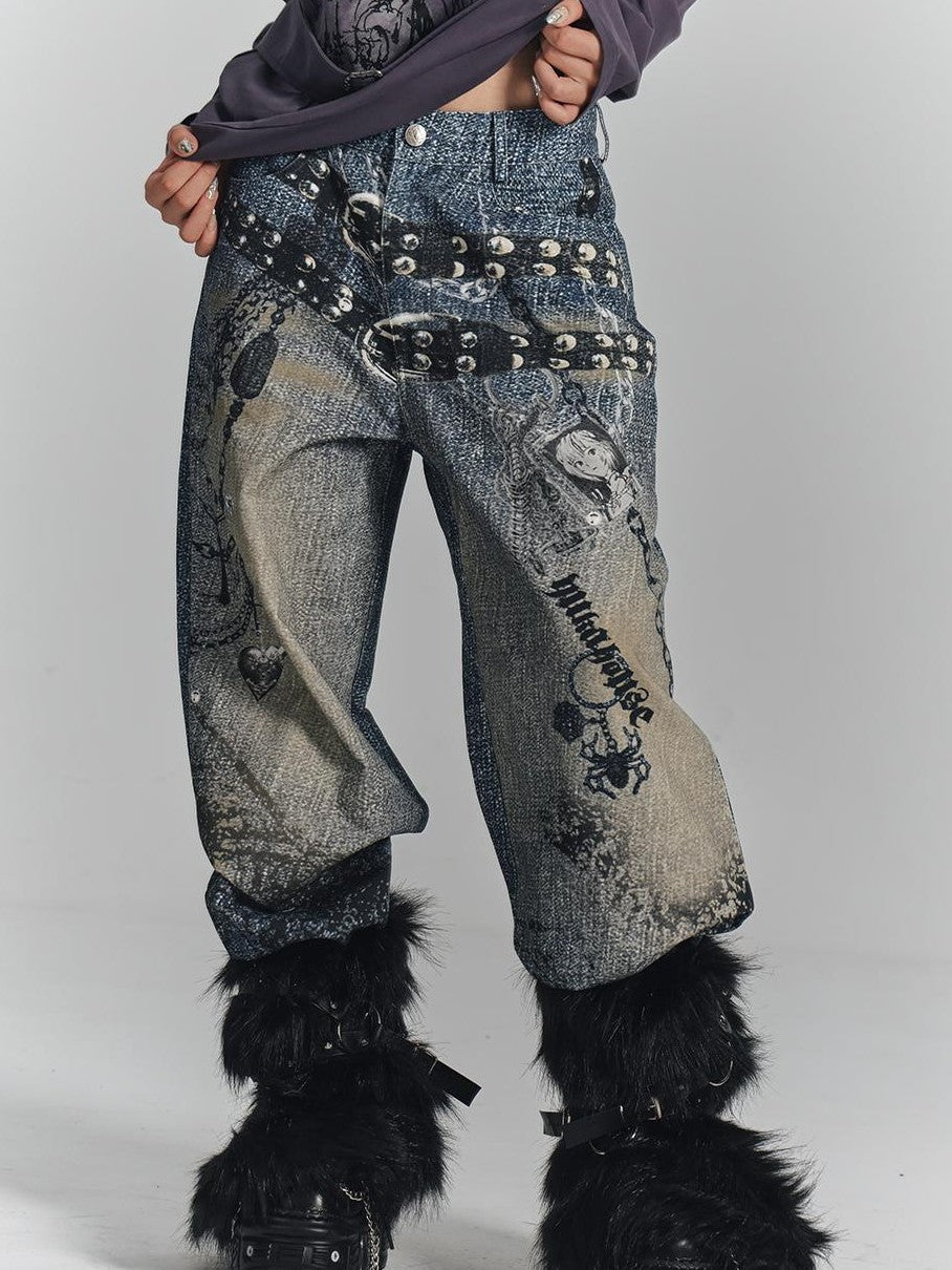 YUKAHOUSE Vintage Digital Print Chain High Waist Women's Cotton Wide-leg Jeans