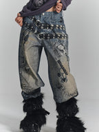 YUKAHOUSE Vintage Digital Print Chain High Waist Women's Cotton Wide-leg Jeans
