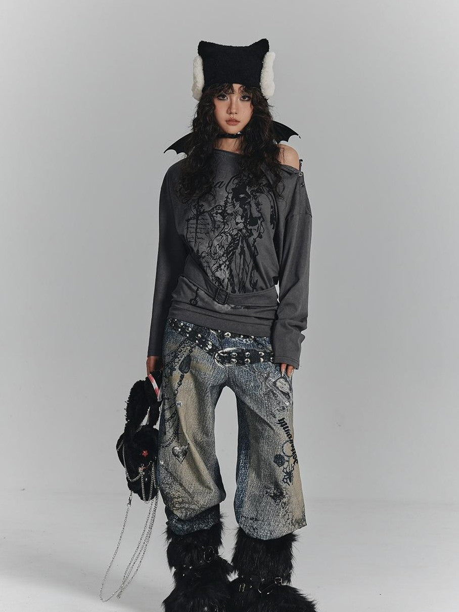 YUKAHOUSE Vintage Digital Print Chain High Waist Women's Cotton Wide-leg Jeans