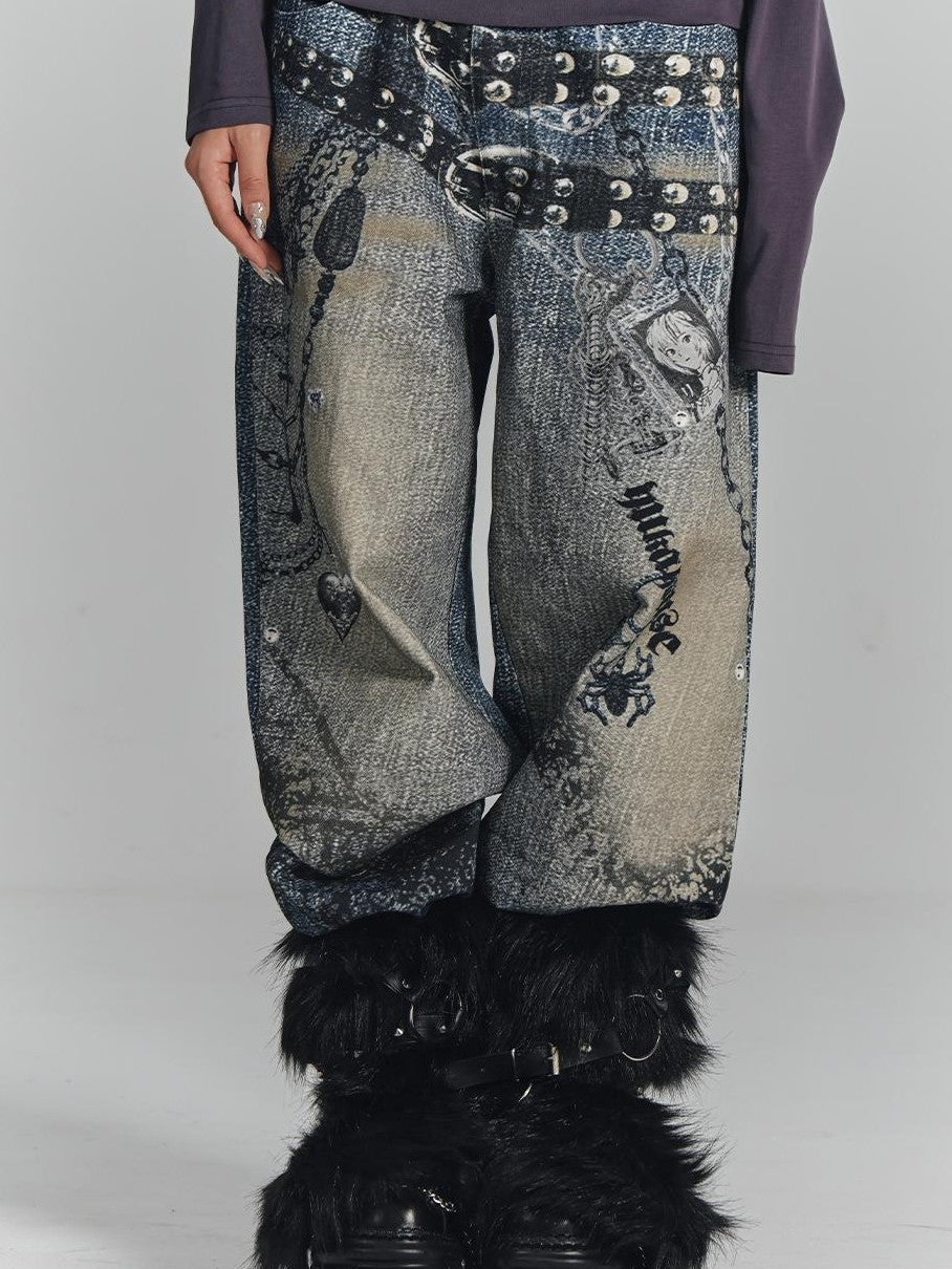 YUKAHOUSE Vintage Digital Print Chain High Waist Women's Cotton Wide-leg Jeans