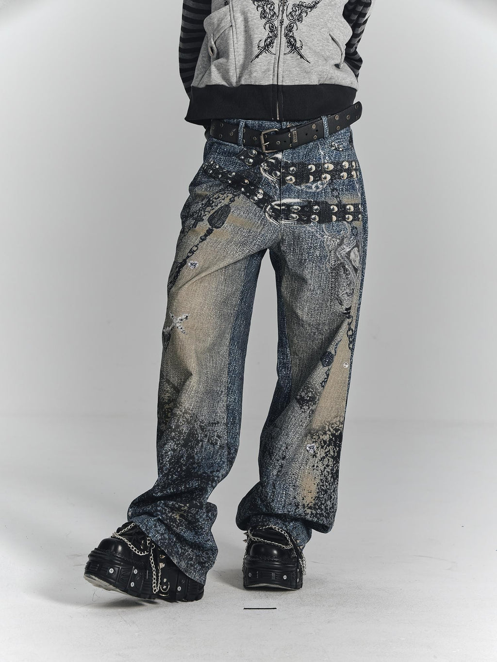YUKAHOUSE Vintage Digital Print Chain High Waist Women's Cotton Wide-leg Jeans