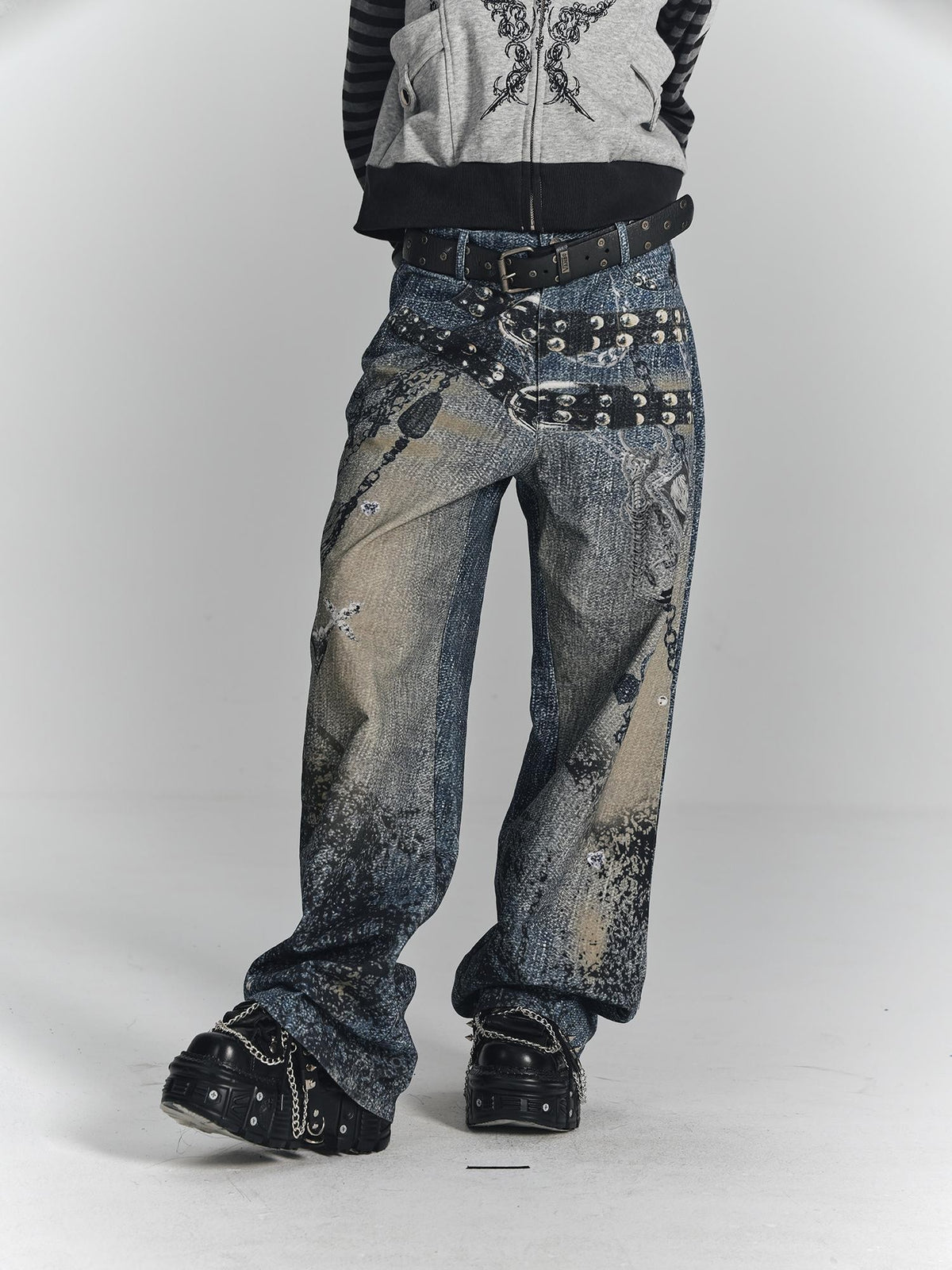 YUKAHOUSE Vintage Digital Print Chain High Waist Women's Cotton Wide-leg Jeans