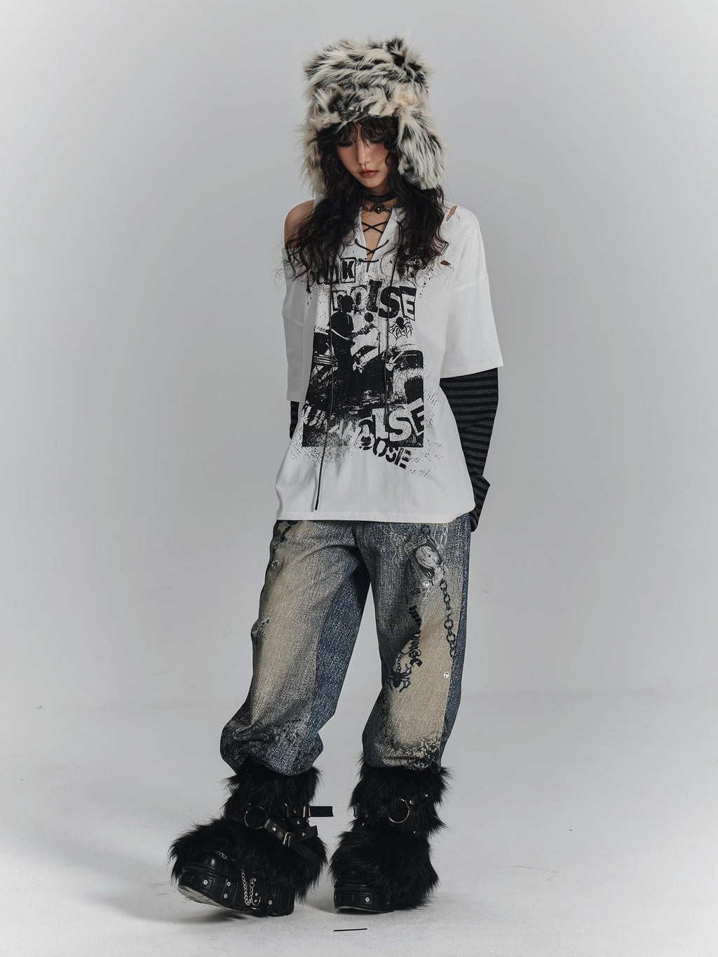 YUKAHOUSE Vintage Digital Print Chain High Waist Women's Cotton Wide-leg Jeans