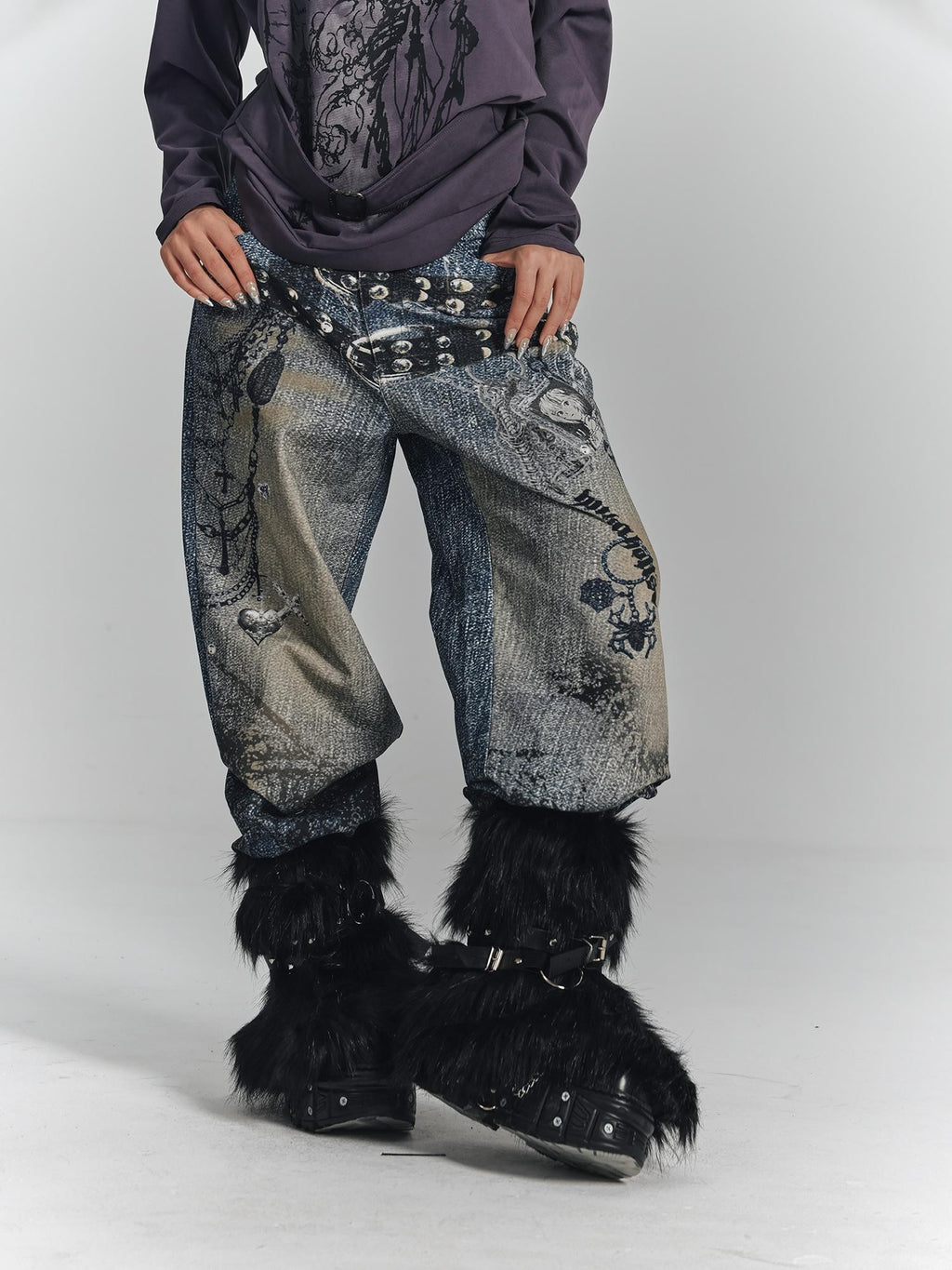 YUKAHOUSE Vintage Digital Print Chain High Waist Women's Cotton Wide-leg Jeans
