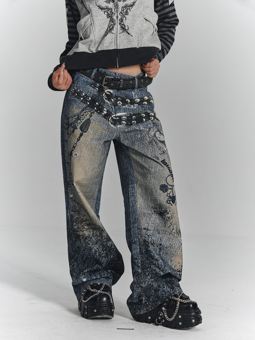 YUKAHOUSE Vintage Digital Print Chain High Waist Women's Cotton Wide-leg Jeans