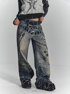 YUKAHOUSE Vintage Digital Print Chain High Waist Women's Cotton Wide-leg Jeans