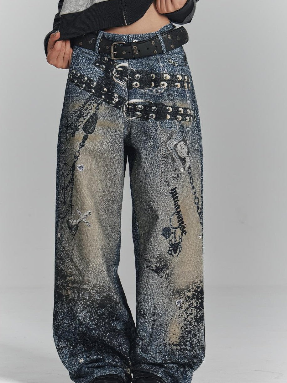 YUKAHOUSE Vintage Digital Print Chain High Waist Women's Cotton Wide-leg Jeans