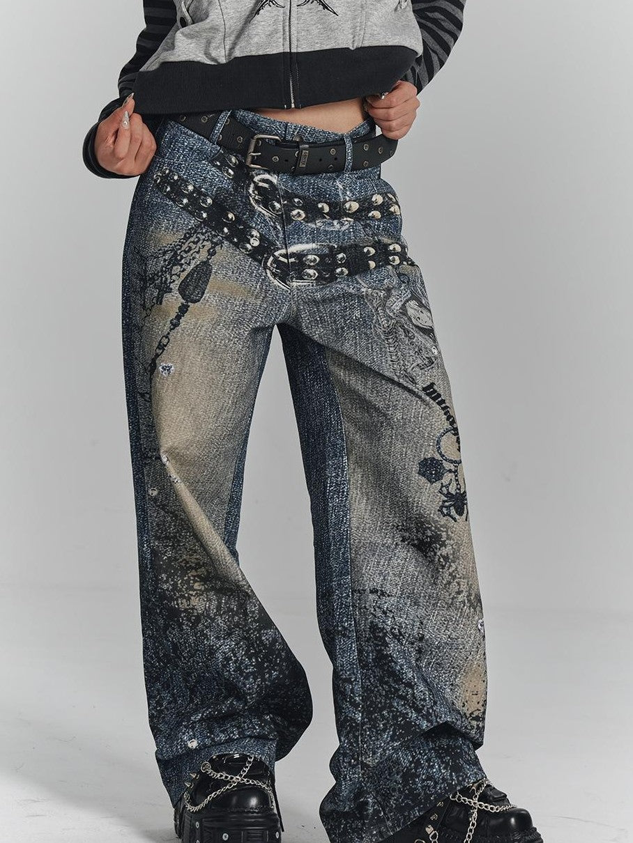 YUKAHOUSE Vintage Digital Print Chain High Waist Women's Cotton Wide-leg Jeans