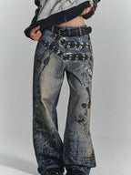 YUKAHOUSE Vintage Digital Print Chain High Waist Women's Cotton Wide-leg Jeans