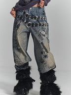 YUKAHOUSE Vintage Digital Print Chain High Waist Women's Cotton Wide-leg Jeans