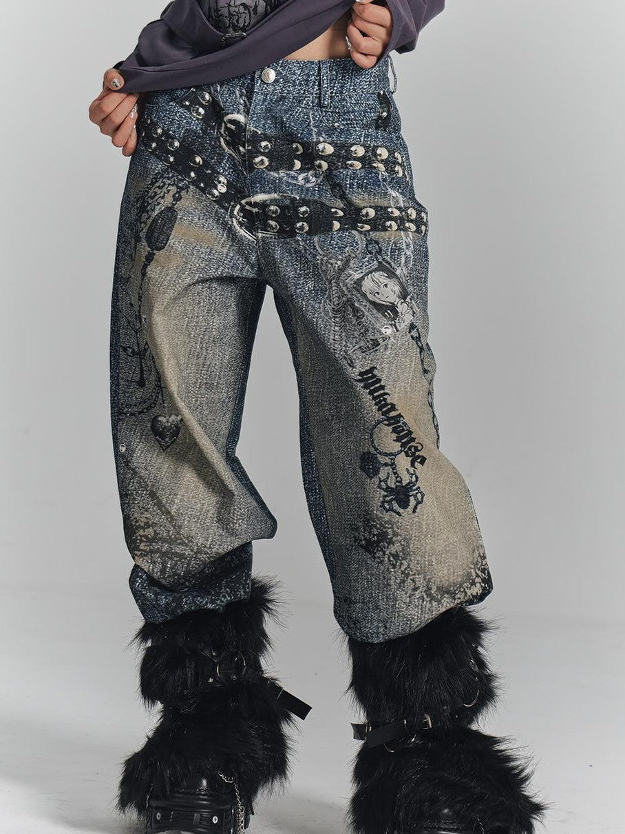 YUKAHOUSE Vintage Digital Print Chain High Waist Women's Cotton Wide-leg Jeans