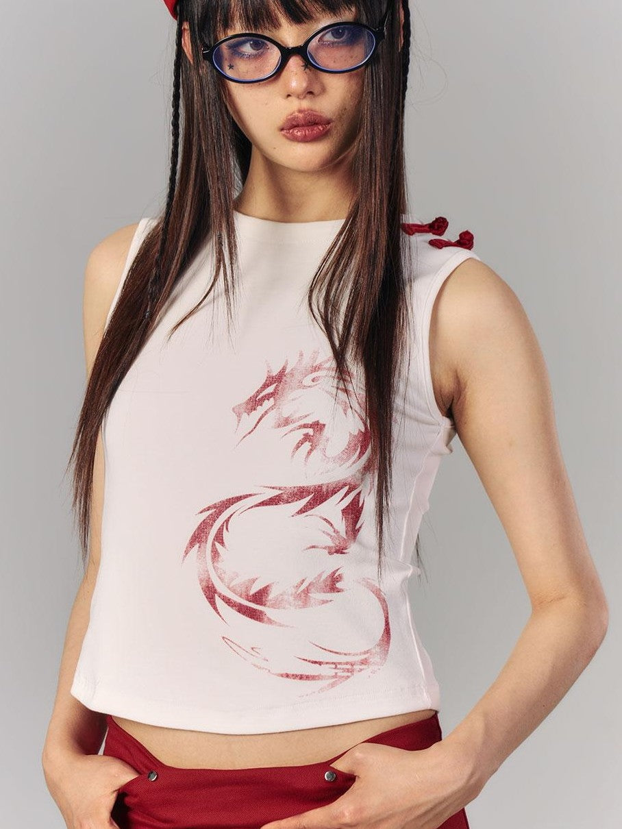 YUKAHOUSE Vintage Dragon Phoenix Print Cropped Slim Fit Cotton Women's Tank Tops