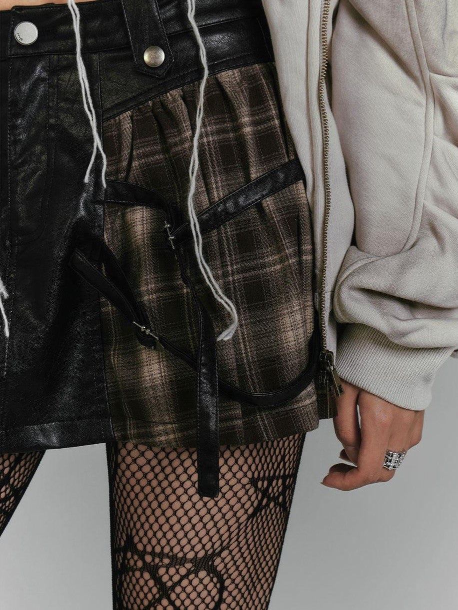 YUKAHOUSE Vintage Plaid Patchwork Pu Leather A Line Women's Polyester Mini Skirts
