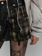 YUKAHOUSE Vintage Plaid Patchwork Pu Leather A Line Women's Polyester Mini Skirts