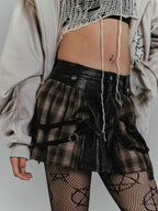 YUKAHOUSE Vintage Plaid Patchwork Pu Leather A Line Women's Polyester Mini Skirts