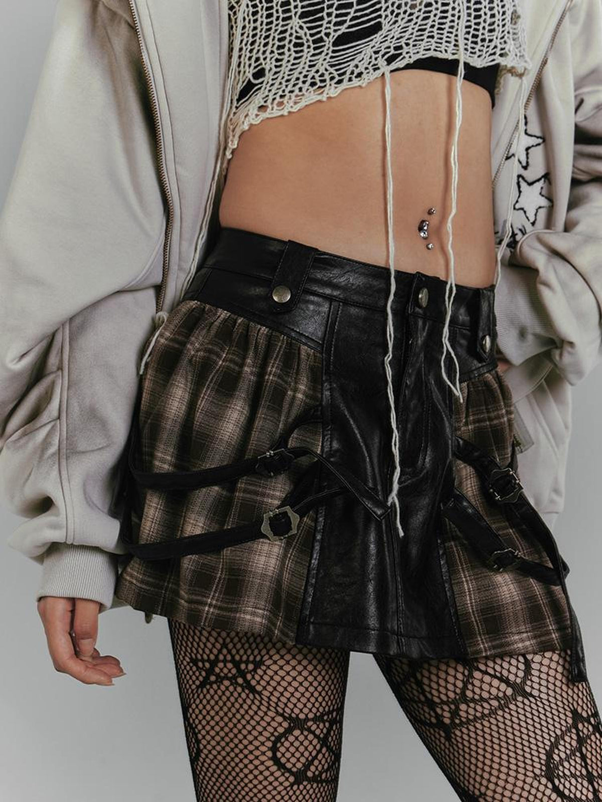 YUKAHOUSE Vintage Plaid Patchwork Pu Leather A Line Women's Polyester Mini Skirts