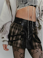 YUKAHOUSE Vintage Plaid Patchwork Pu Leather A Line Women's Polyester Mini Skirts