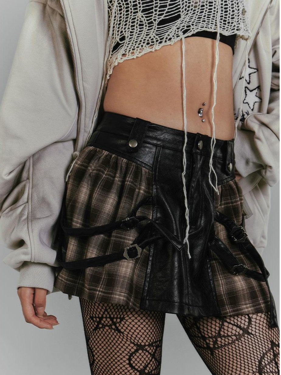 YUKAHOUSE Vintage Plaid Patchwork Pu Leather A Line Women's Polyester Mini Skirts